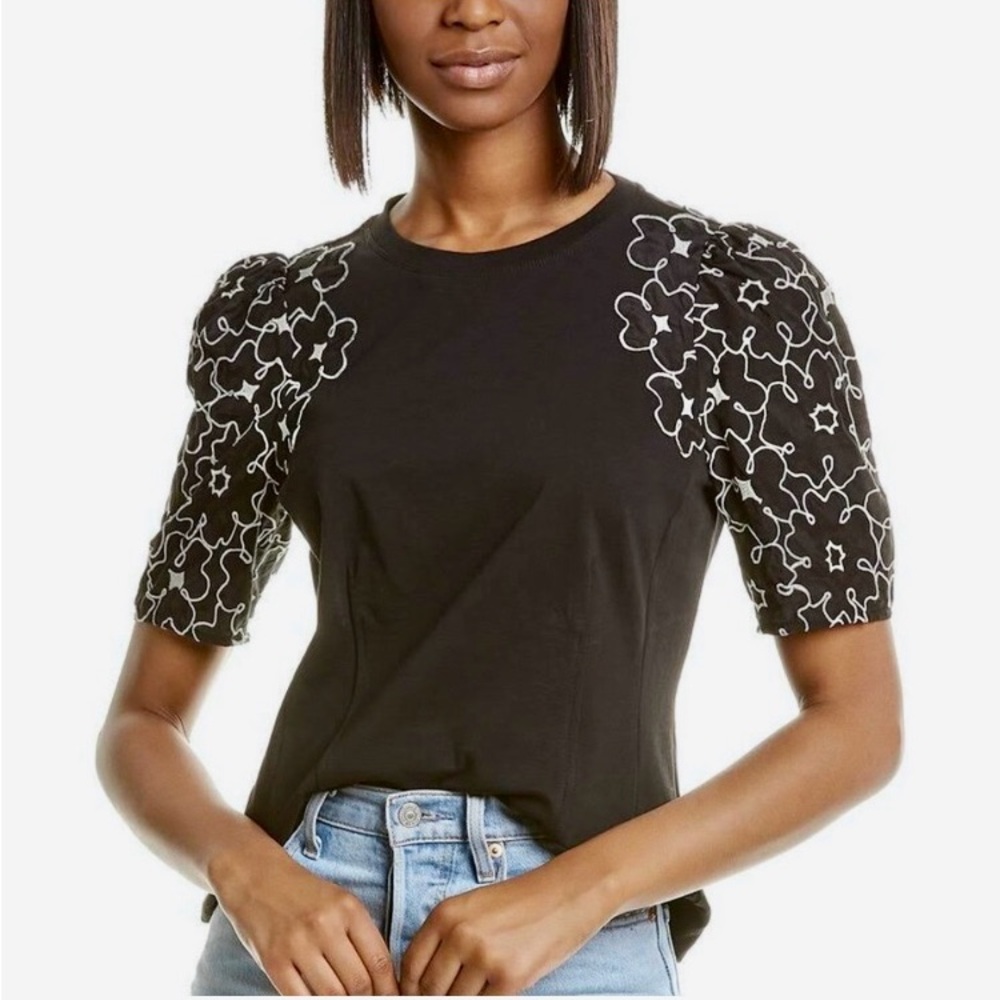 Rebecca Taylor Black Short Sleeve Top with White Floral Detail - XS
